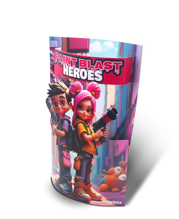 Maqueta en cartón Flexi 3D con diseño del videojuego PaintBlast Heroes
Estructura 3D de cartón con ilustraciones de PaintBlast Heroes
Modelo Flexi 3D con temática de acción y videojuegos
