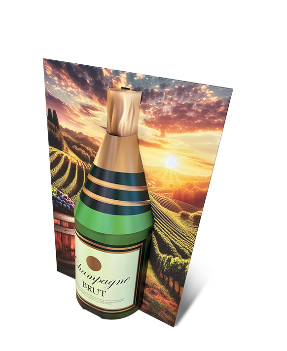 Maqueta en cartón Flexi 3D con diseño de una botella de champagne Estructura en cartón representando una botella de vino espumoso con fondo de viñedos Modelo publicitario de una botella de champagne en cartón troquelado