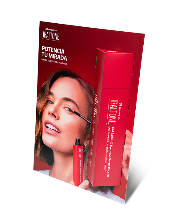 Maqueta en cartón Flexi 3D con diseño de producto de belleza Hyaltone Estructura publicitaria en cartón con promoción de sérum para pestañas Modelo Flexi 3D con publicidad de cosméticos Hyaltone