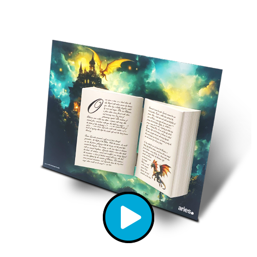 Maqueta Flexi 3D de un libro mágico con ilustraciones de fantasía Diseño en cartón de un libro interactivo en estilo medieval Libro 3D en cartón con iluminación y efectos visuales