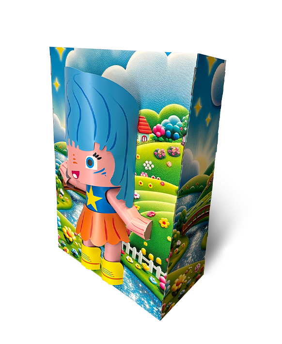 Maqueta Flexi 3D en cartón con diseño de personaje Pinypon Estructura de cartón troquelado con figura infantil Pinypon Modelo 3D en cartón con ilustraciones coloridas de Pinypon