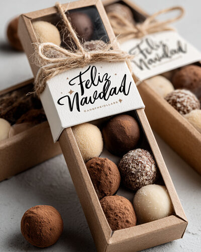 Caja de bombones con diseño navideño y packaging artesanal en cartón kraft, decorada con cuerda