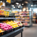 Zona de frutas y estanterías de supermercado con posible ubicación para PLV temporal moderno y colorido