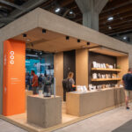 Stand modular con diseño contemporáneo y expositores modulares para catálogos y productos en una feria comercial, visitantes observando el espacio