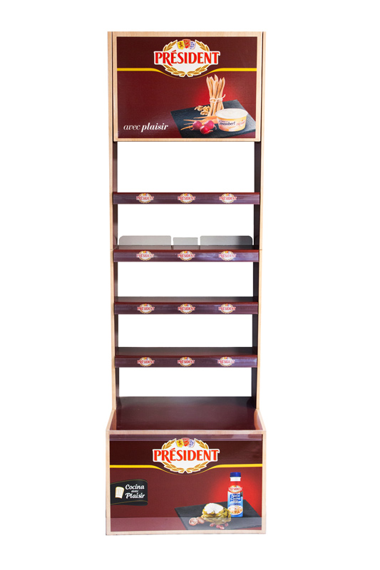 Expositor de cartón con baldas para PLV de alimentación de productos Président en punto de venta