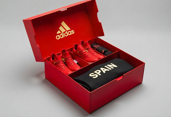 Caja roja de edición especial con zapatillas deportivas y camiseta con el texto SPAIN, ejemplo de packaging creativo para zapatos y accesorios deportivos