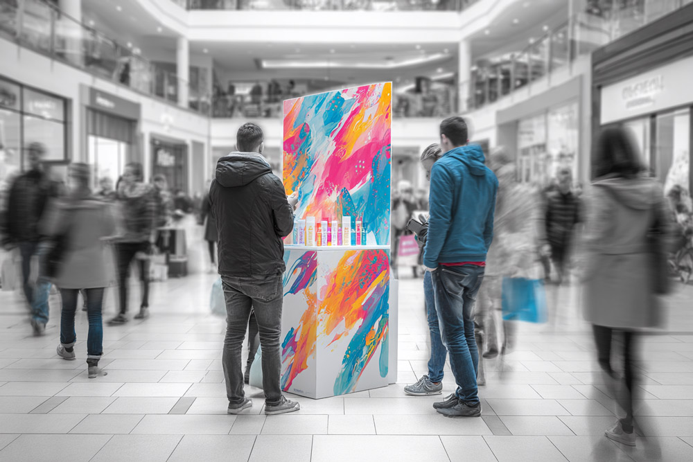 Stand promocional en centro comercial ofreciendo productos gratis como parte de una estrategia de sampling y sample en tienda
