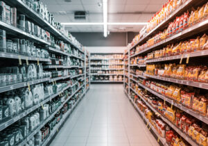 Pasillo de supermercado con estanterías ordenadas según planograma de productos para mejorar la exhibición