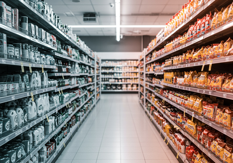 Pasillo de supermercado con estanterías ordenadas según planograma de productos para mejorar la exhibición