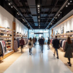 Clientes recorriendo una tienda retail moderna con un espacio comercial diseñado para guiar el flujo de circulación y la experiencia de compra