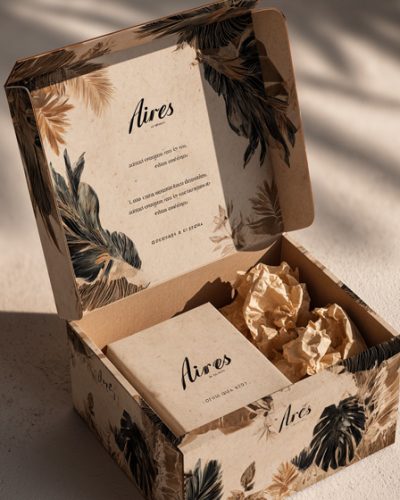 Caja de packaging para ecommerce con diseño decorativo e impresión interior personalizada con mensaje de agradecimiento